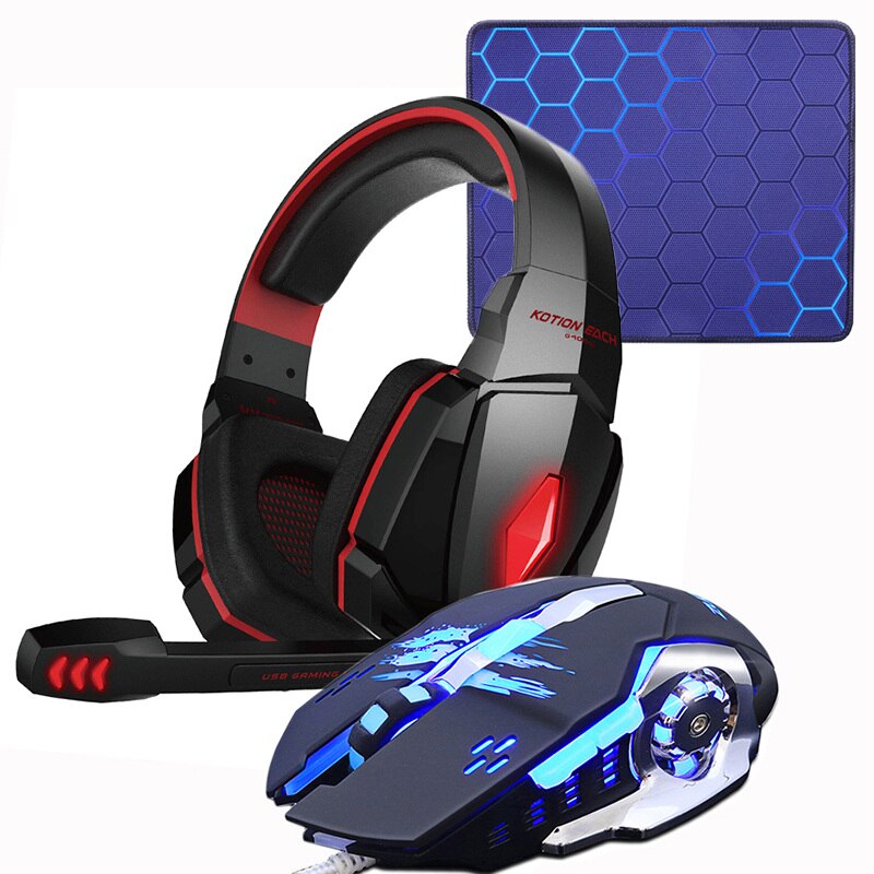 Gaming Headset Hoofdtelefoon + Wired Gaming Mouse Muizen 4000 dpi Bass stereo Gamer Oortelefoon + Gaming muismat Combinatie Voor laptop PC: G4000 Red Pad Mouse