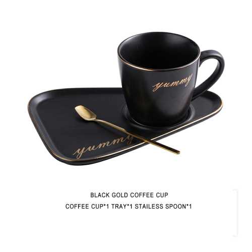 Guldkant keramisk kaffekrus tumbler te kop og underkop sæt porcelæn guldske krus søde dessert kopper ben porcelæn te sæt: Sort