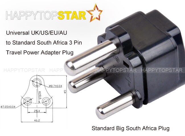 Black Universal UK/US/EU/AU EURO 3 Pins / 2 Pins Socket to Big South Africa S. Africa ZA 3 Pin Travel Power Adapter Adaptor Plug
