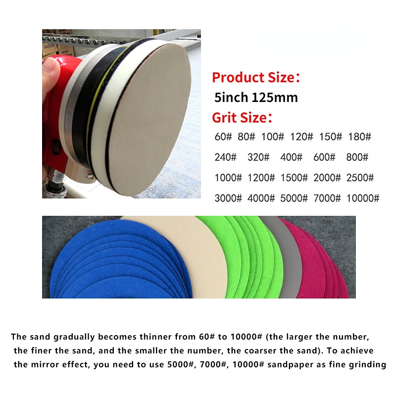 Schleifpapier, 125 mm, 60–10000 Mesh, runde Schleifscheibe, nass und trocken, Polierscheibe mit doppeltem Verwendungszweck, Rückseite, Samtschlaufe, Schleifpapier, 12,7 cm