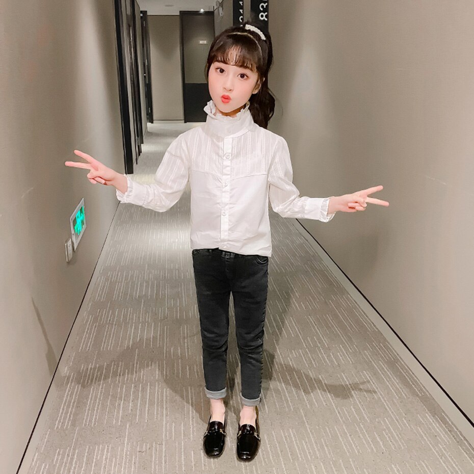 Meisjes witte blouse effen kleur meisjes school shirts coltrui kindershirt voor meisjes tienerkleding voor meisjes