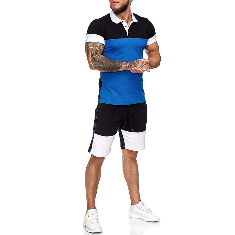 Men&#39;s Tracksuit Football Polo Shirt Short Sleeve And Shorts Sports Set Casual Sportswear Running Fitness Gym Clothing: Blue / M