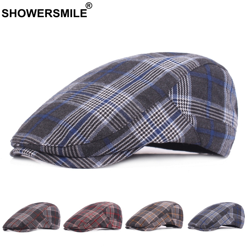 Showersmile röd rutig baskerhattar för män kvinnor rutiga platta kepsar bomullsbasker manlig klassisk brittisk stil vintage justerbara hattar