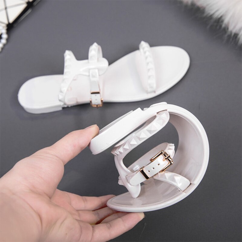 Women Rivet Sandals Ladies Ankle Buckle Strap Flats Woman's Jelly Shoes Summer Female Beach Shoe Open Toe Slingbacks