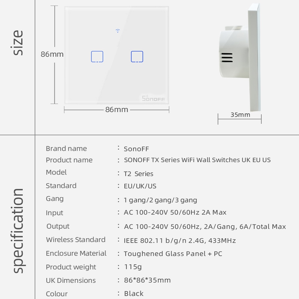 SONOFF T2 UE/Reino Unido 1/2/3/banda Wifi Panel de pared luz enchufe interruptor RF de 433mhz /Touch/eWelink Control remoto inalámbrico Google Alexa