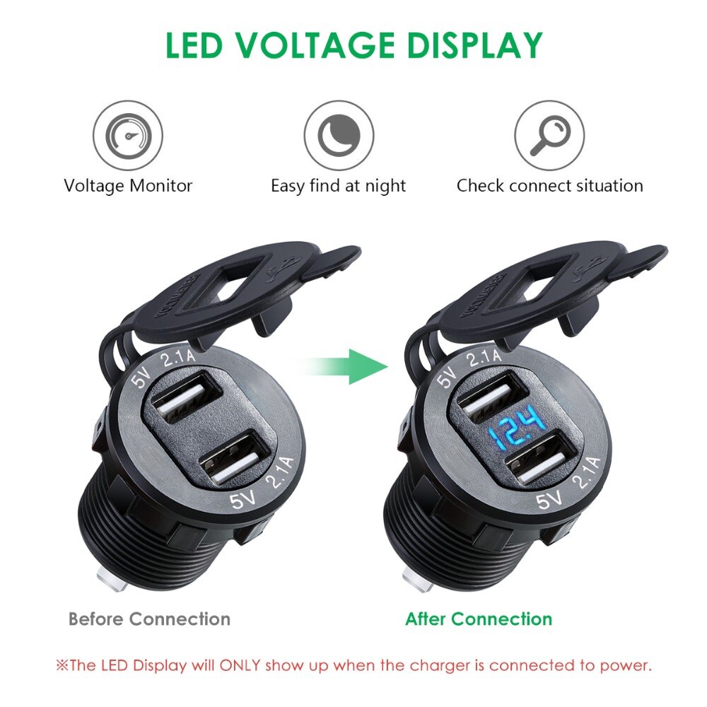 Dual USB Charger Socket Waterproof Power Outlet 2.1A with Voltmeter Wire in-line 10A Fuse for 12-24V Car Boat Marine Motorcycle