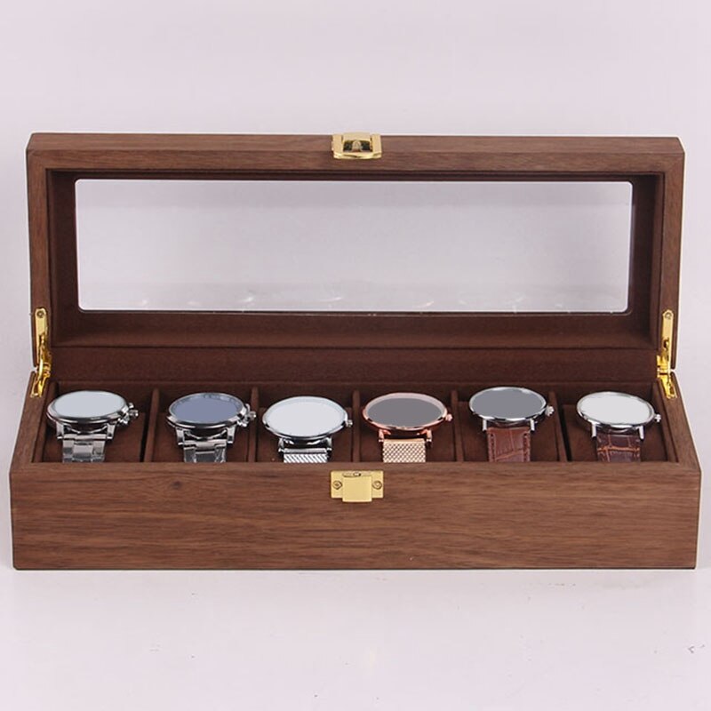 6 Slots Houten Horloge Vitrine, Gl Overgoten Houten Vitrine