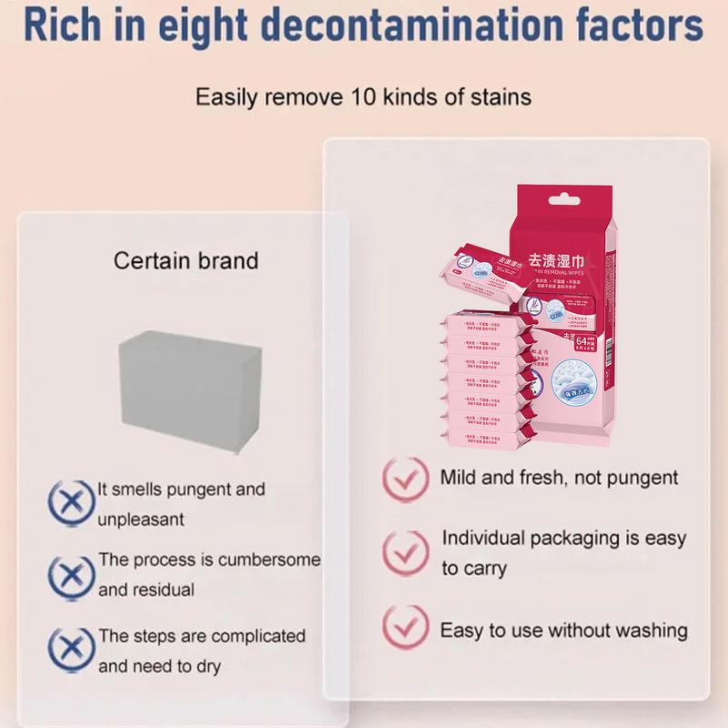Clothing Stain Remover No-wash Stain Remover Wipes 64 Pieces Portable Instant Cloth Towel Cleaner For Clothes Shoes Handbags