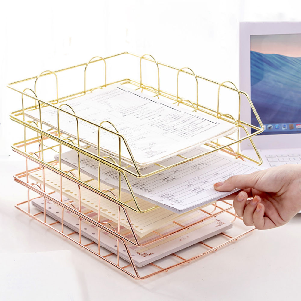 Metal Stackable Storage Basket Magazine Newspaper Organizer Nordic Rose Gold Frame Rack Office Desktop A4 Paper Finishing Basket