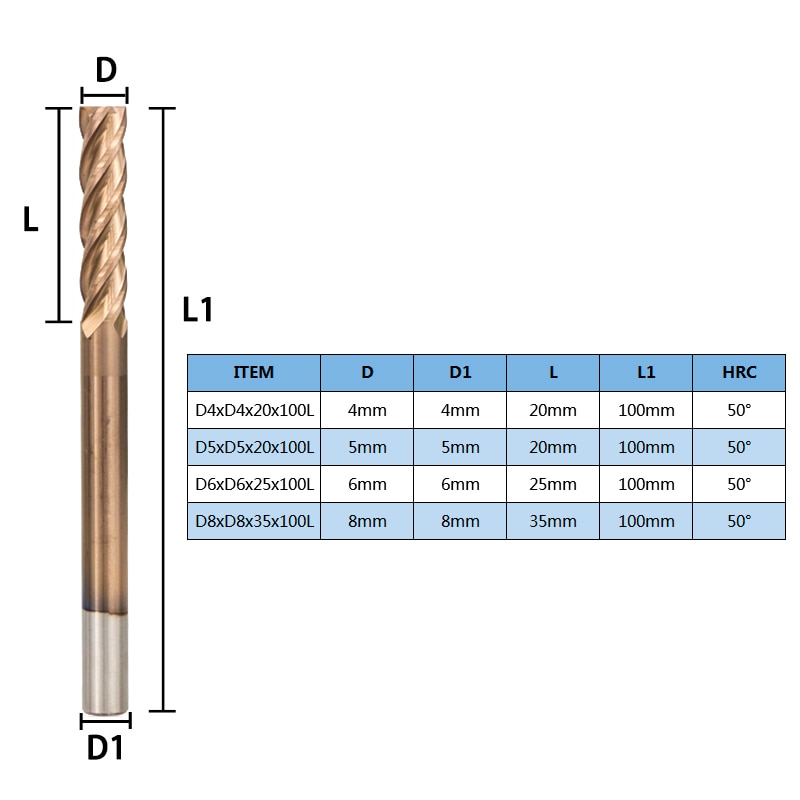 XCAN TiCN Coated End Mill Cutter Long 100mm Carbide Milling Bit 4 Flute CNC Engraving Tools Router Bits 4/5/6/8mm