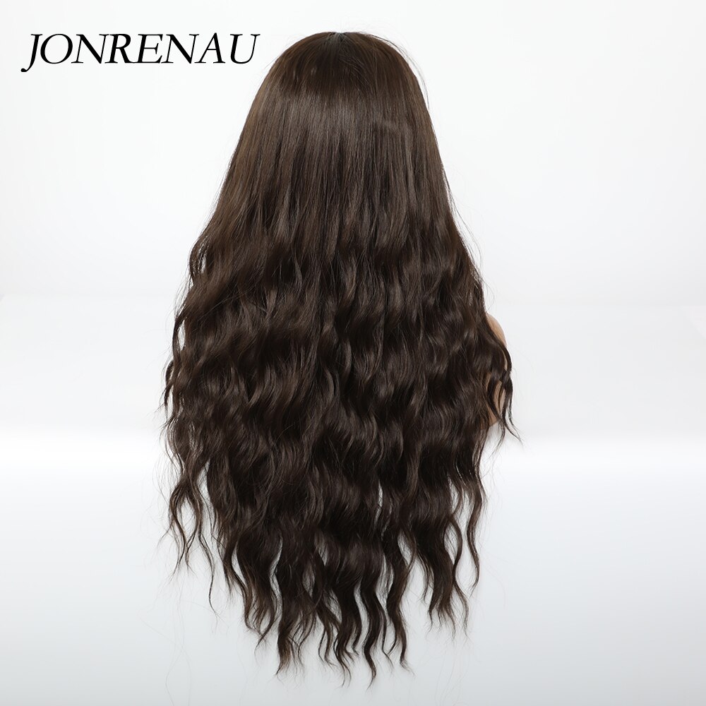 JONRENAU Synthetic Dark Brown Long Wavy Hair Wigs with Side Bangs Heat Resistant Fiber Wigs for White Black Women