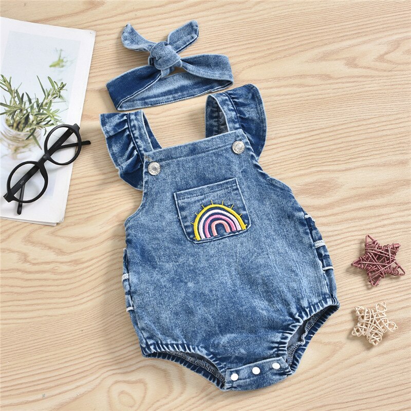 0-18m arco-íris impresso bebê meninas meninos denim macacão babados manga curta bolso macacões bandana