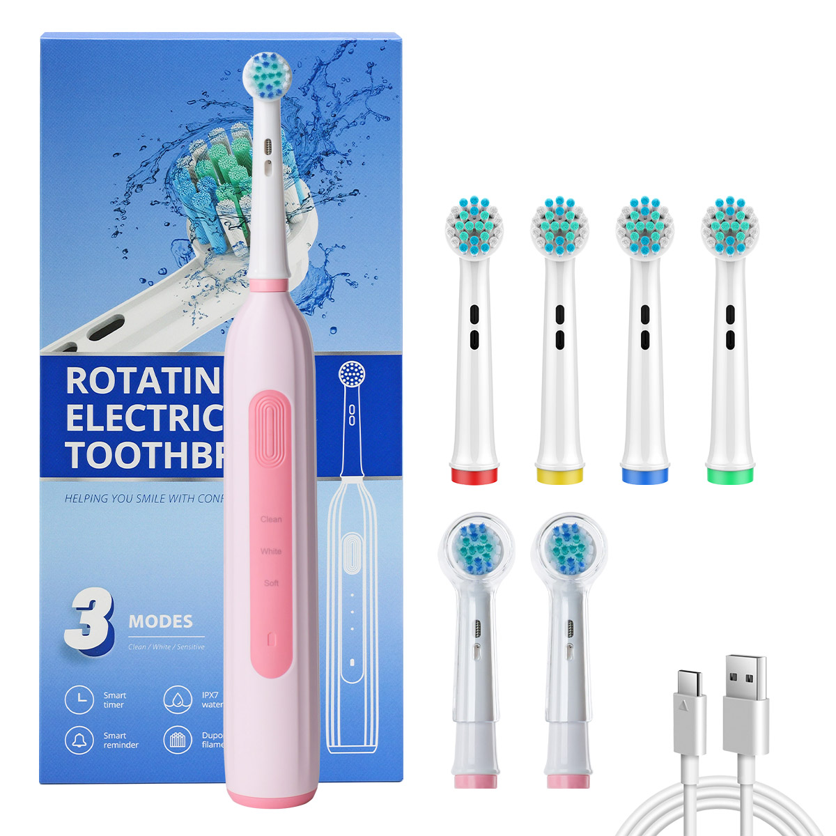 Rotierende elektrische Zahnbürste, geeignet für Erwachsene, ausgestattet mit 6 Bürstenköpfen, Typ-C-Aufladung, 3 Geschwindigkeiten, 2 Minuten zeitgesteuerte Zonen: Rosa