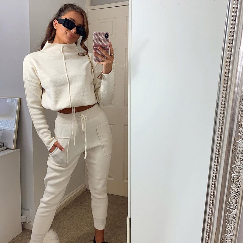 Girl's High Neck Cropped Sports Suit Solid Casual Simple Style Sweater Suit Sport Running Cool Two Pieces Suit: apricot / S