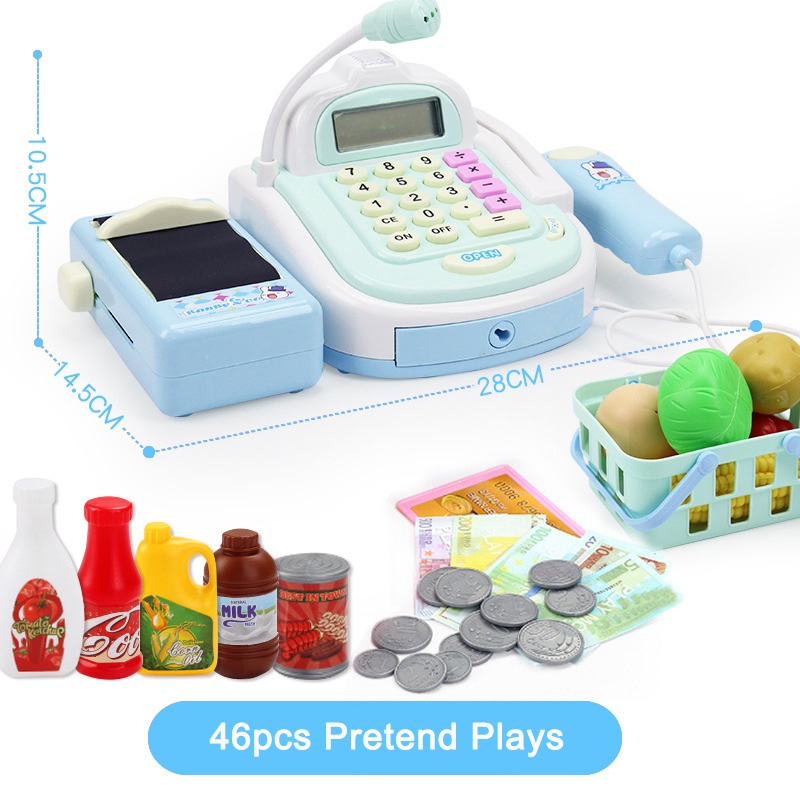 Supermarkt Mini Einkaufen Einkaufen Lebensmittelhändler Minimarket Bis registrieren Kassierer Simulation Möbel Kasse vorgeben Spielen Haus Spielzeug: 46Stck Blau