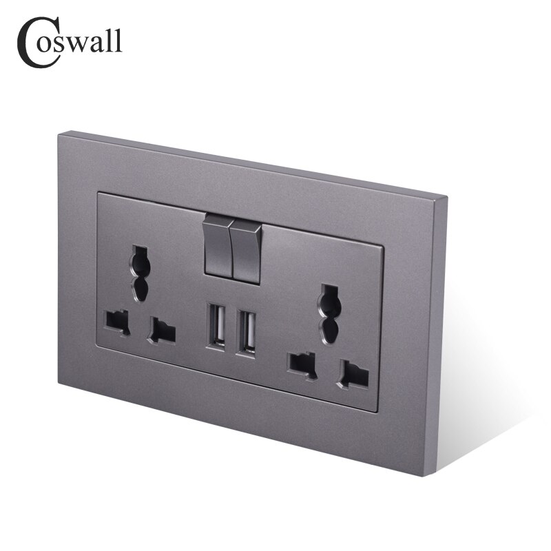 Coswall 13a universal switched socket 2 usb ladeport til mobil udgang 2.1a vægudtag grå farve pc panel