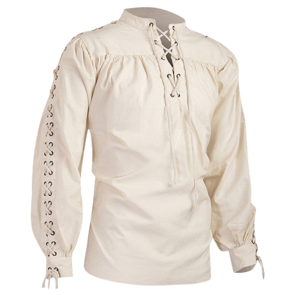 décontracté col mâle Blouse rétro à lacets à manches longues médiévale Chemise gothique homme Blouseashion vêtements Chemise: WHITE / XXL