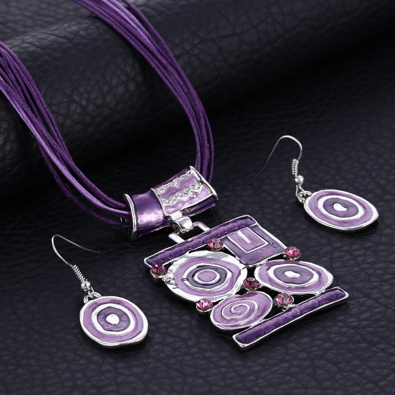 Emalje smykke sæt delikat læder reb vedhæng geometri choker halskæde øreringe sæt boho smykke sæt