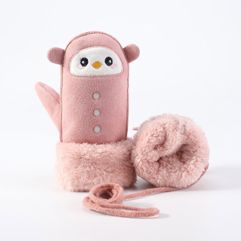 Gants pour enfants hiver épais cachemire dessin animé pingouin requin daim cuir gants garçon/fille suspendus cou mitaines de Ski H29: A Pink