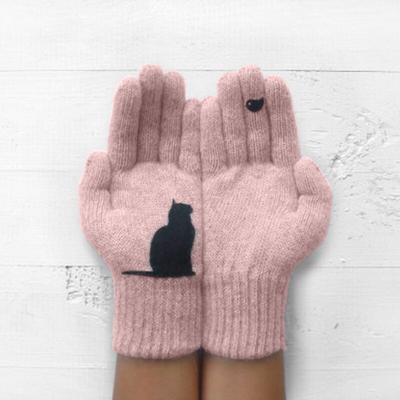 Tegneseriekat strikkede handsker kvinder vinter varm udendørs ridning tykkere trykte koldt bevis efterligning kashmir ren farve bløde handsker: Lyserød