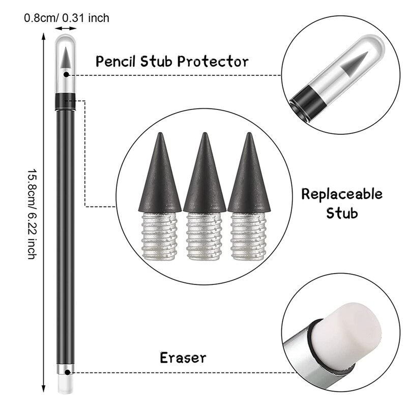 18 Pcs Inkless Pencil Reusable Everlasting Pencil Eternal Pencil Erasable Pencils with Eraser for Writing Drawing