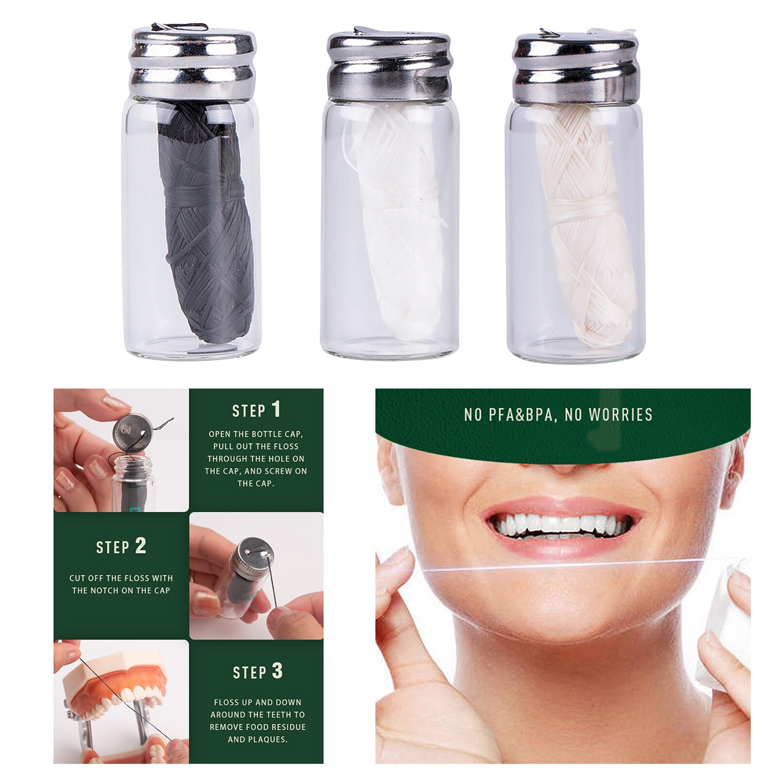 30m Eco-Friendly 100% Organic Natural Compostable Floss Refillable Glass Holder Flossers Silk Spool Waxed