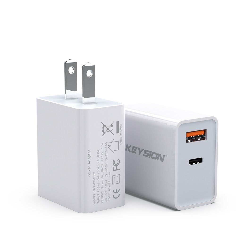 KEYSION PD Fast Charger 18W Dual USB Quick Charge 3.0 Charger For iPhone 13 12 11 Samsung Xiaomi Mobile Phone Charger Adapter: US Plug White