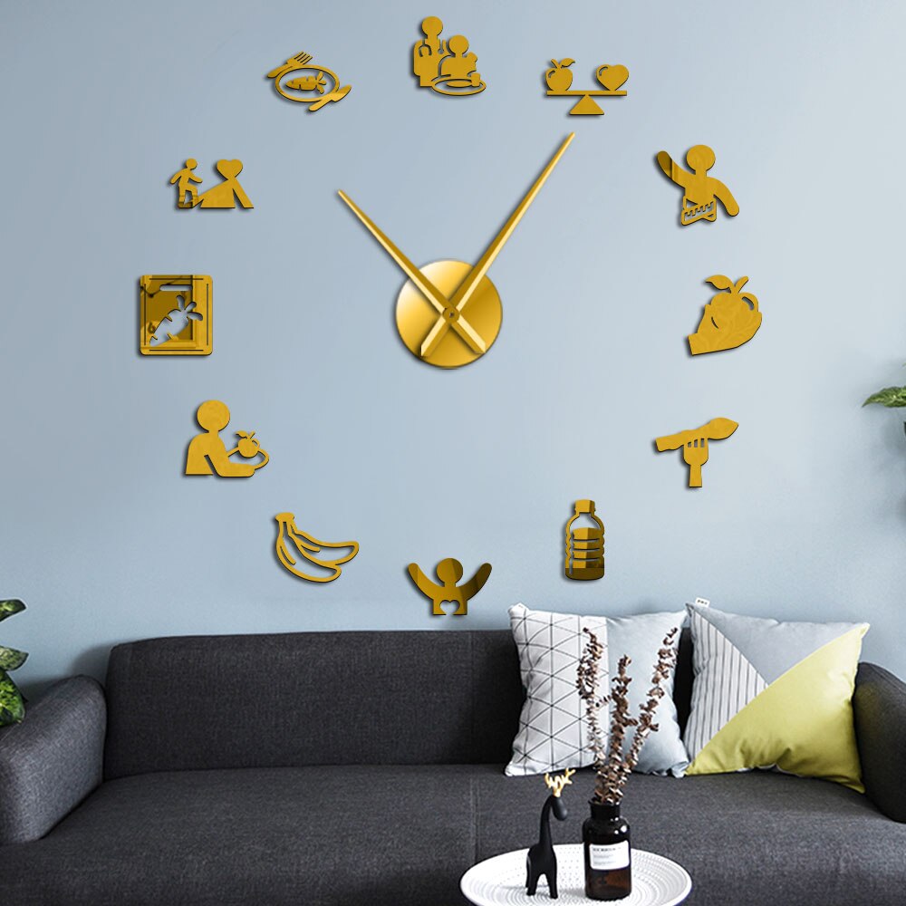 Voedingszorg, gezonde voeding, voedingsdeskundige, wandkunst, hangende wandklok, doe-het-zelf spiegelstickers, keuken, eetkamer, stille muur, horloge