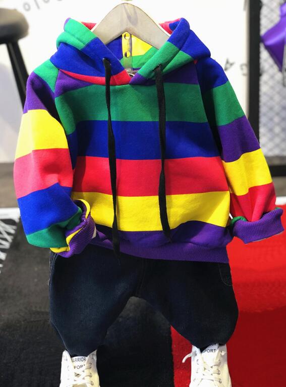 Merke gutteklær barn vinter gutter klær regnbuebar barn gutteklær sett fortykket hettegenser, fortykket jeans: 6t