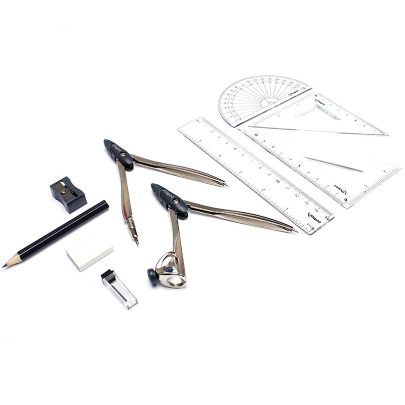 10pcs iron box + metal geometry protractor drawing school rubber compasses set of mathematical rubber ruler for students supplie
