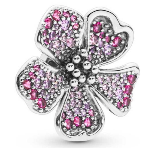 Véritable perle en argent Sterling 925 grande fleur de pêche fleur breloque Fit Pan femmes Bracelet et collier bijoux à bricoler soi-même