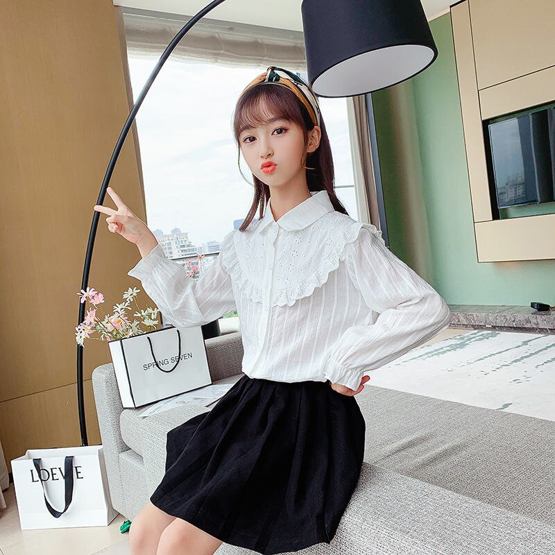 Blusa de algodón plisada con volantes para niña, camisa de color blanco y rosa para otoño, talla 4, 6, 8, 10, 12 y 14