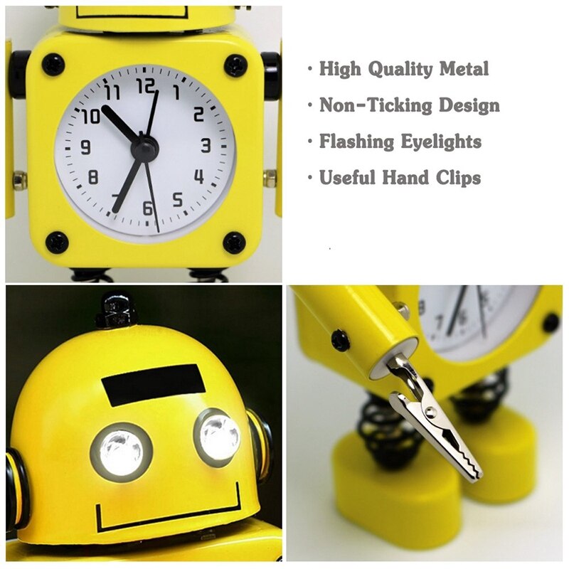 Non-Ticking Robot Alarm Clock Stainless Metal - Wake-Up Clock with Flashing Eye Lights and Hand Clip Blue