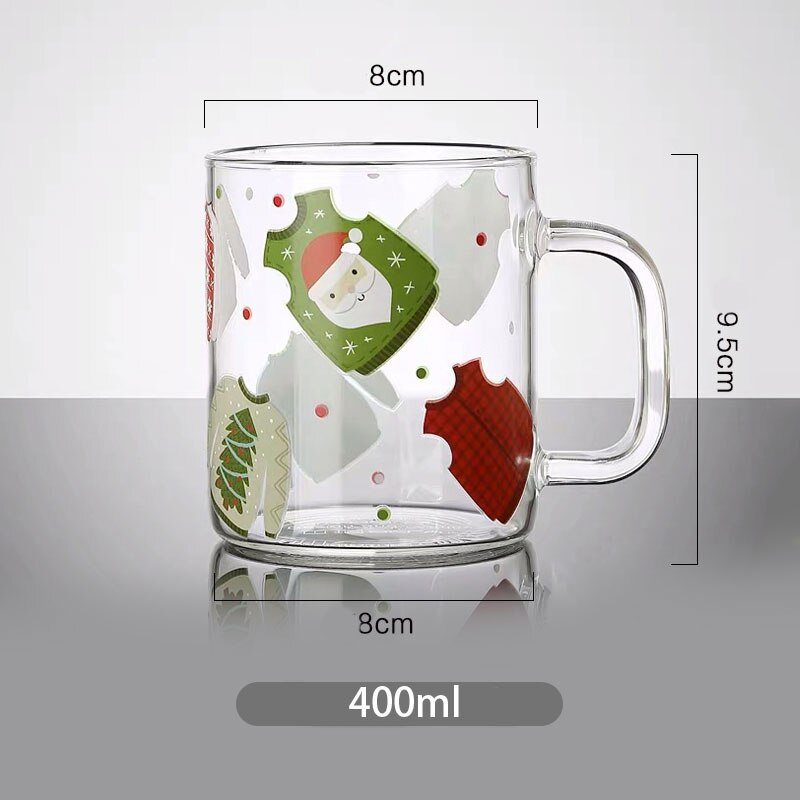 Jultryck glas mugg handtag dubbelskikt isolering tjock glas kopp jul dekor muggar hem vatten koppar värmebeständigt: Västhandtag