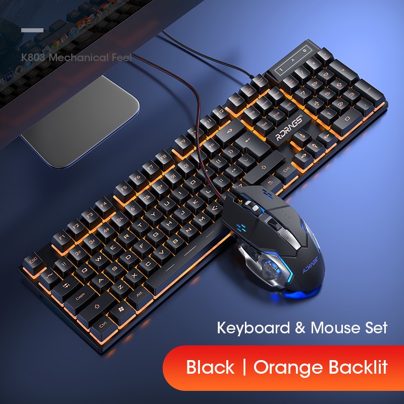 Wired Gaming Keyboard Mouse Gamer Kit PC Gamer Mechanical Feel Keyboards Rainbow Backlight Computer Backlit 104 Keys Keycaps Set: Orange Combo Black