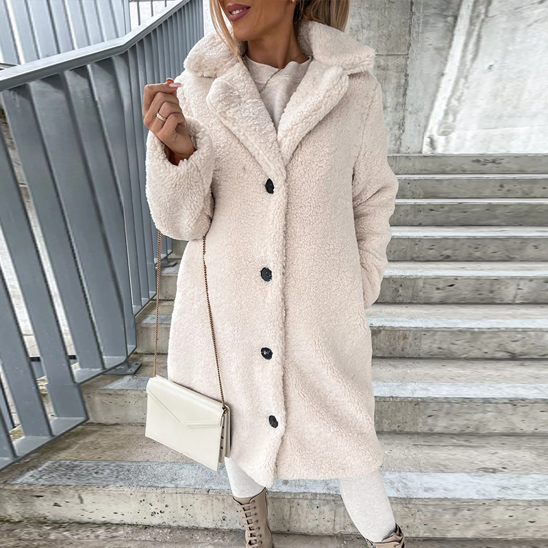 Chaqueta de borreguito para mujer, abrigo de manga larga con cuello vuelto y botonadura única, prendas de vestir de lana esponjosa para invierno, 2024: XL / Beige