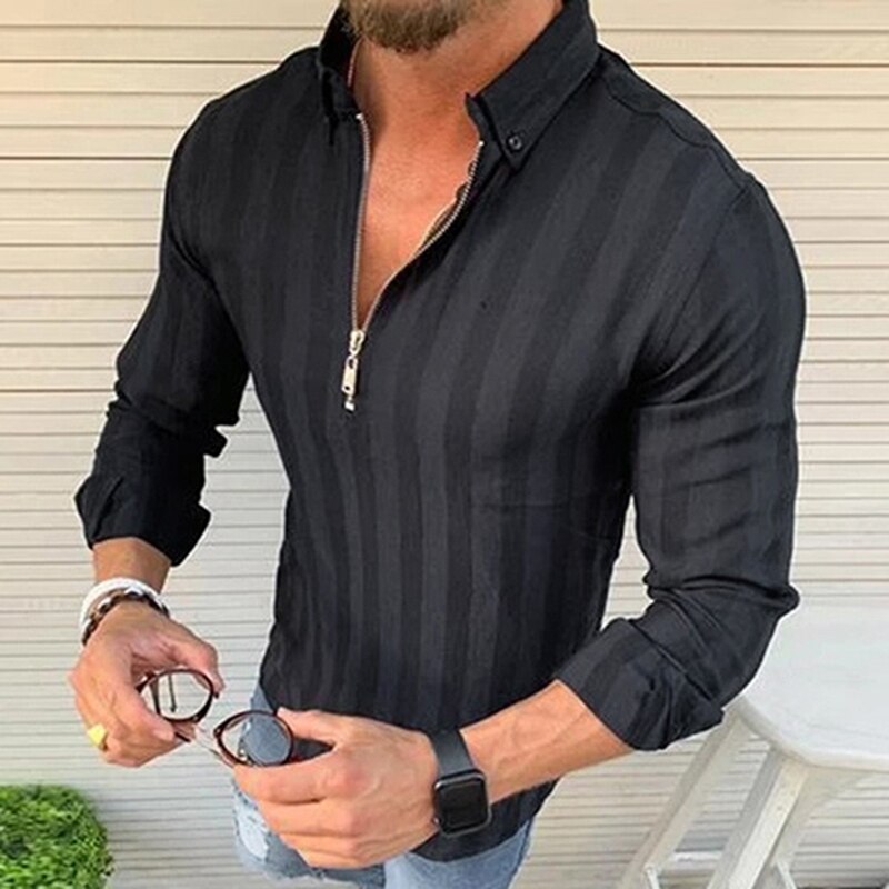 Gestreepte overhemden heren lange mouwen revers hals ritsen streetwear bovenkleding chique camisa heren overhemden plus size: Zwart / Xxxl