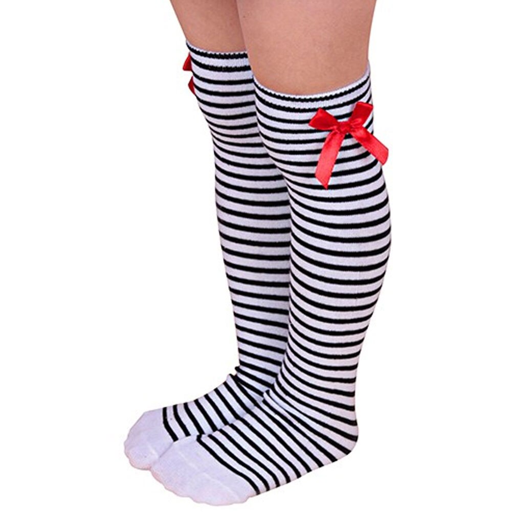 1 Pair of Kids Girls Solid Color Striped Bow Stockings Elastic Over the Knee Long Socks Girl Knee Socks: Black White Stripe