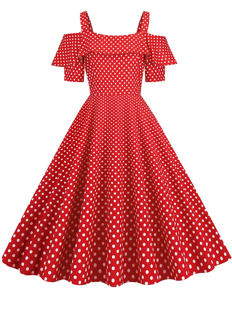 Vestido de Vintage con hombros descubiertos, vestidos Midi de línea A con volantes y lunares de verano para mujer