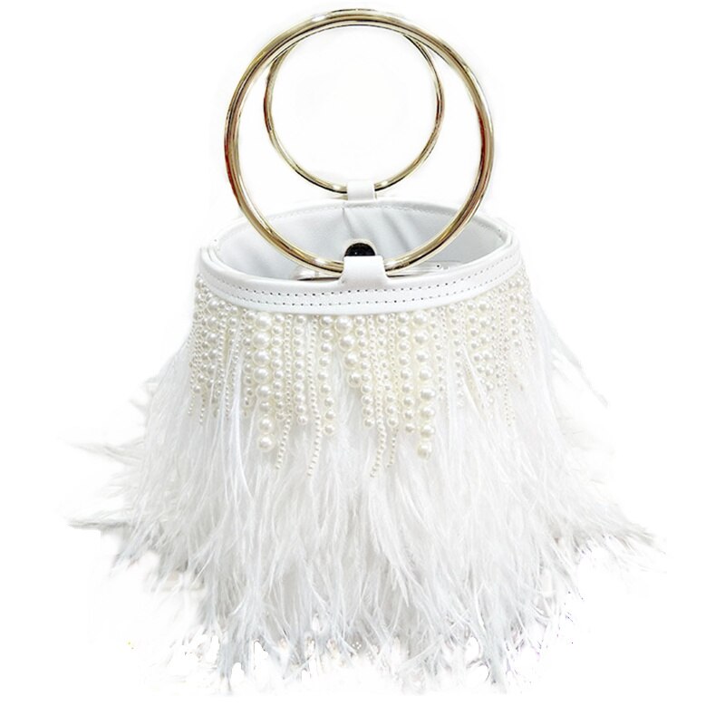 Luxury Ostrich Feather Wedding Purses and Handbags for Women Bucket Tote Pearl Fringe Party Chain Shoulder Bag: pearl white