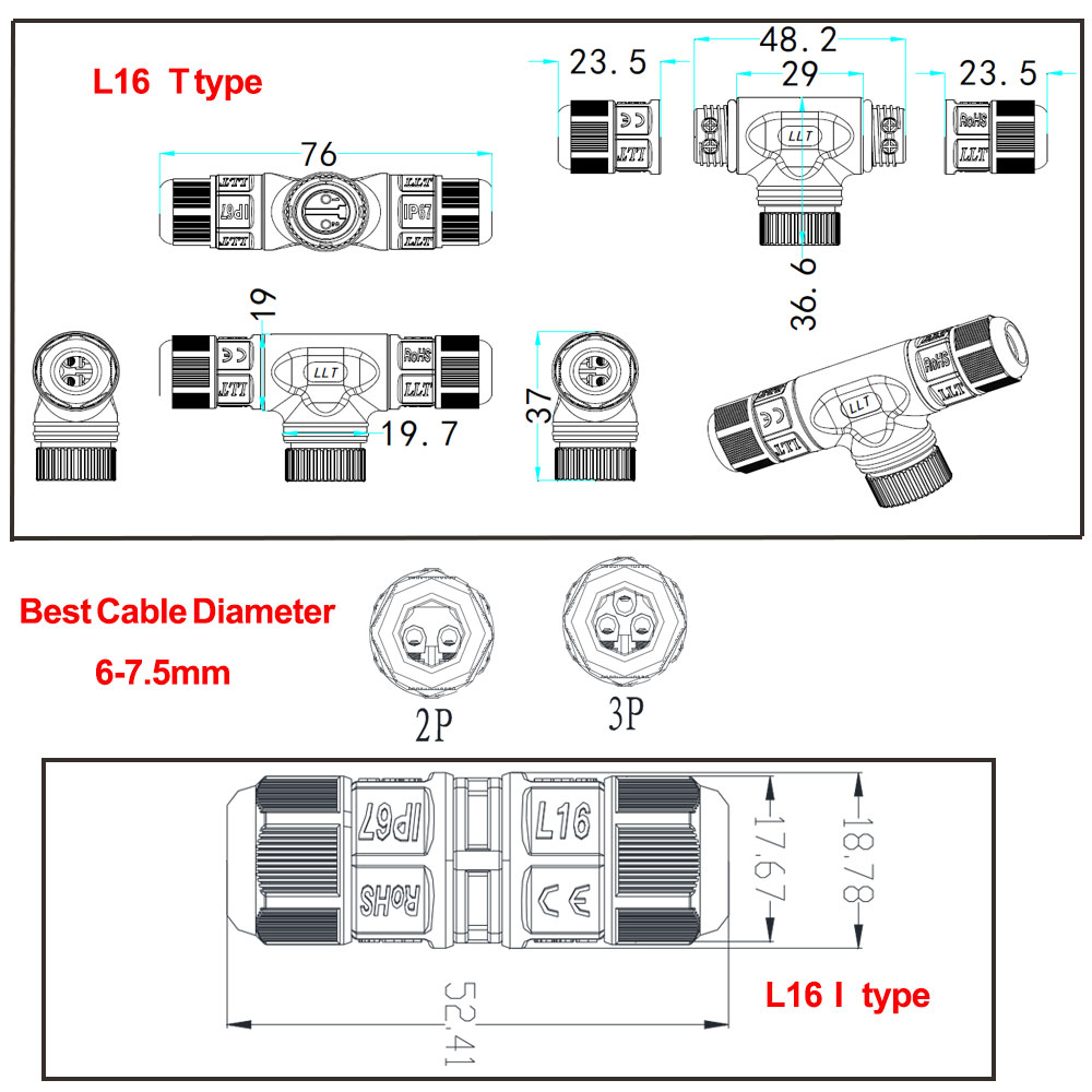 IP67 Waterproof Connector 2 Pin 3 Pin Electrical Terminal Wire Adapter Connector Screw and Soldering Pin connector for LED Light