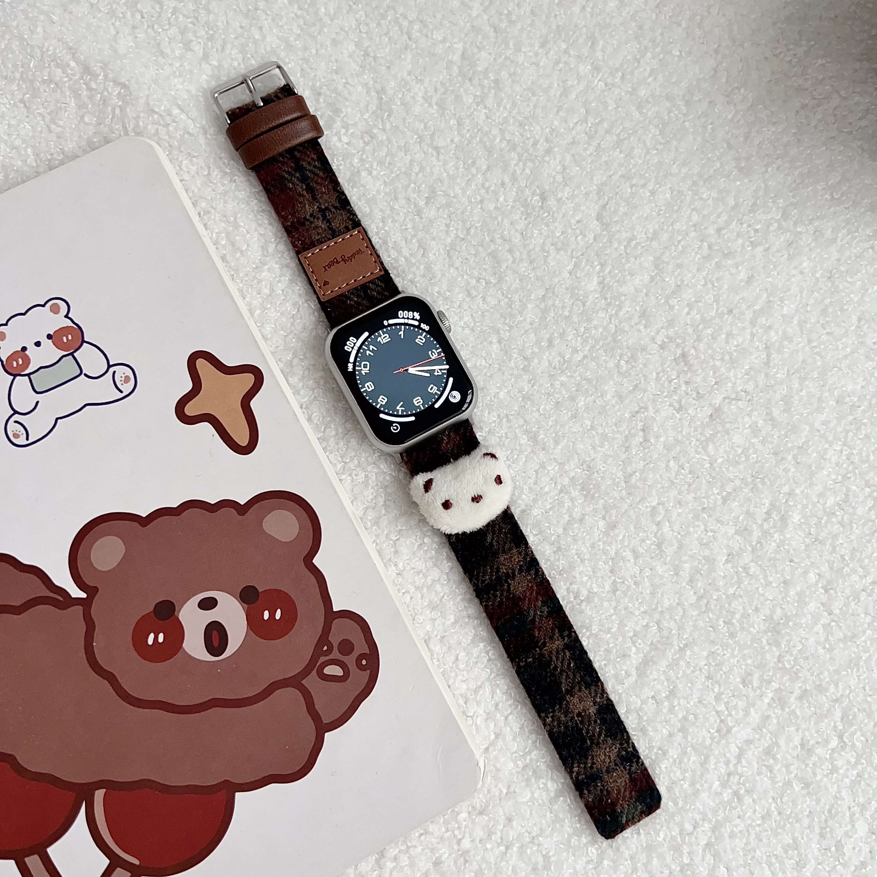 Leren band voor Apple Watch Band Meisjes Schattige beer Armbandketting met Iwatch9876SE Ultra40 41 44 45 mm Dames Pluche Doek Pols: M / BLACK WHITE