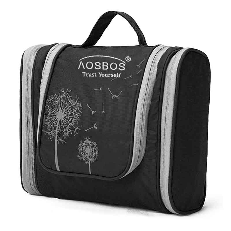 Aosbos bolsa de cosméticos impermeável, bolsa grande de nylon para homens e mulheres, organizador para viagem, kit de higiene pessoal