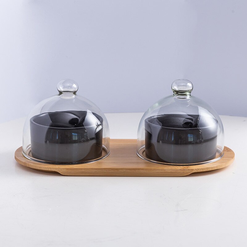 Bandeja de cerámica para almacenamiento de postres bandeja de almacenamiento de aperitivos y frutas, recipiente para helado con tapa de cristal y bandeja de bambú, juego de cubiertos de cocina: black-2pcs