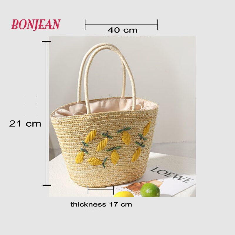 Vrouwelijke Weave Tote Bag Citroen Mode Zomer Strand Vrouwen Handtas Kleine Zadeltas Toevallige Stro Strand Reistas Ins