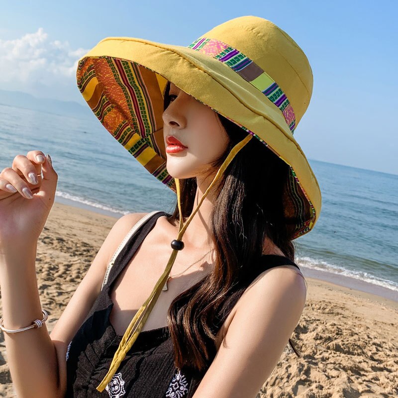 Seaside Sun Visor Hat Female Summer Sun Hats For Women large Brimmed Sun Hat Folding Beach Girls Caps: yellow