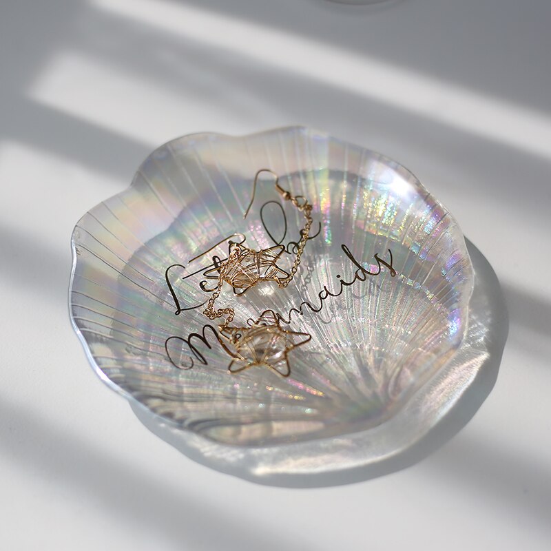 Mermaid Shell Glass Plate Dish Small Fancy Jewelry Storage Tray Ring Trinket Dish Wedding Decoration for Girls