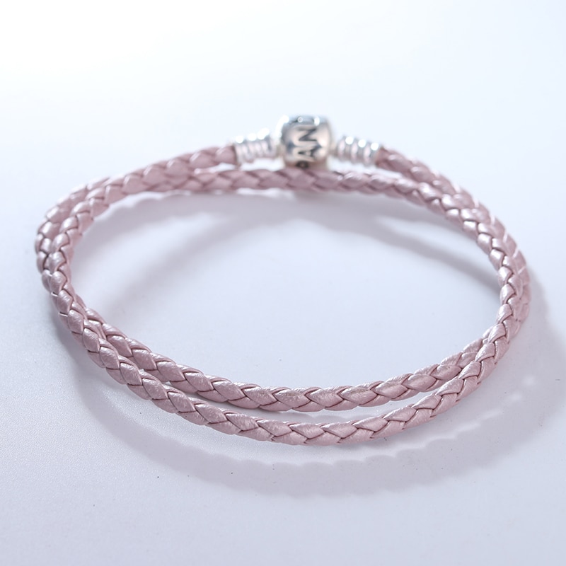 Pulsera de cuero rosa perla con cierre de plata compatible con abalorios y cuentas de plata esterlina originales para mujer, fabricación de joyas DIY