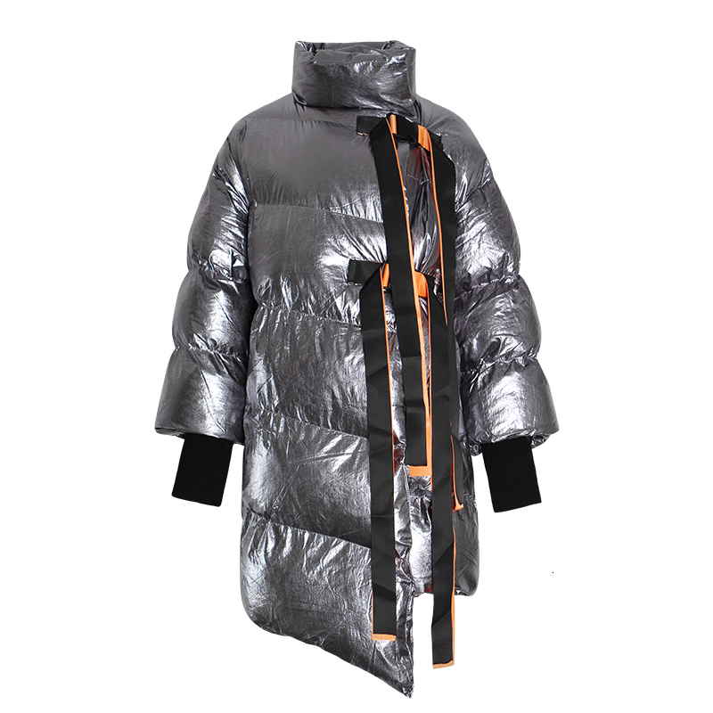 CHICEVER rubans femmes hiver doudoune col montant à manches longues asymétrique veste femme vêtements marée: Silver Coat / M