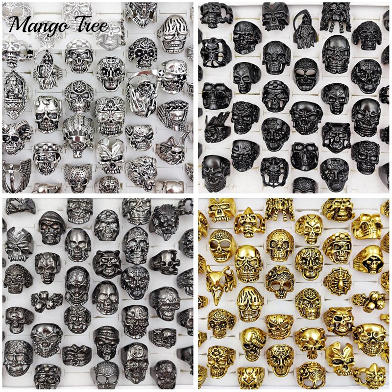 30 stuks/batch van gothic punk grote schedel ring vrouwen mannen sport fiets retro antiek zilver religieuze verklaring sieraden;